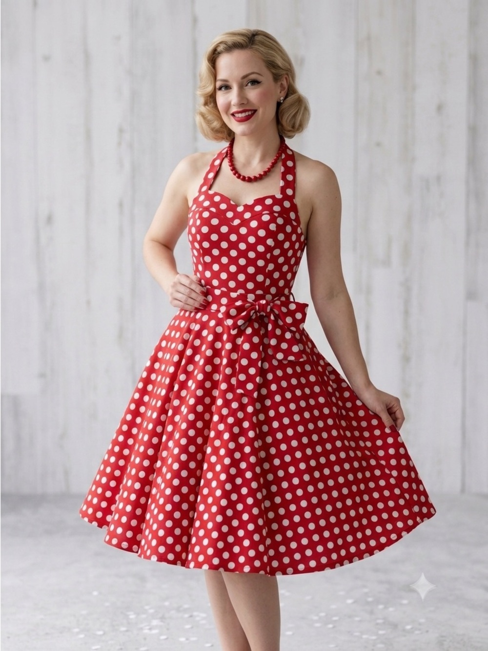 Vintage Inspired Red & White Polka Dot Halter Swing Dress - Size L cotton